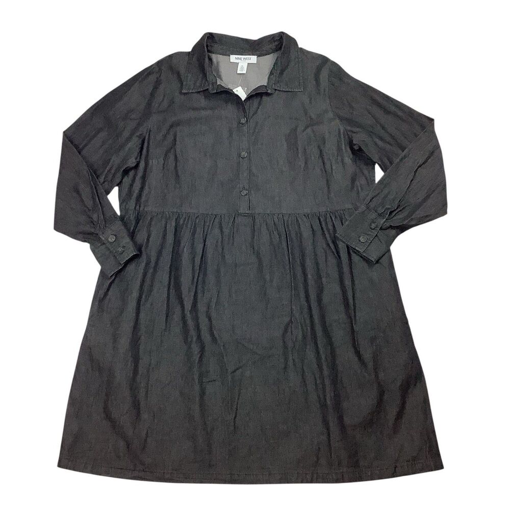 Nine West Griffen Mini Dress Long Sleeve Button Up Charcoal Gray Denim Women XL